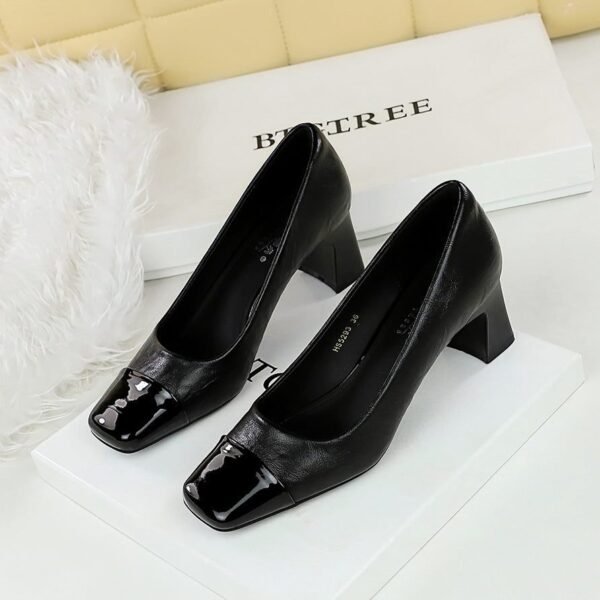 BIGTREE SHOES 5293 Retro Style Women's Shoes Chunky Heel Mid-Heel Low-Cut Stitching Square Toe European and American Banquet Versatile Fashion New Single Layer Shoes Women