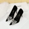 Bigtree Shoes 9511-H29 European and American Banquet High Heels Stiletto Heel Suede Shallow Mouth Pointed Toe Rhinestone Bow Pumps Women