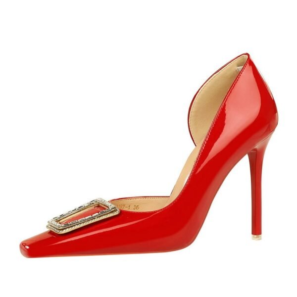 BIGTREE SHOES Patent Leather Stilettos-K39 European and American Style High Heels Low-Cut Square Toe Rhinestone Buckle Side Hollow Pumps High Heel Women's Shoes