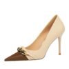 BIG TREE SHOES 9283-2 European and American Style Banquet High Heels Stiletto Heel Shallow Mouth Color-Blocking Pointed Metal Chain Decorative Women's Thin Shoes