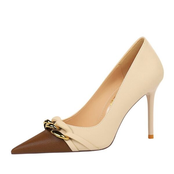 BIG TREE SHOES 9283-2 European and American Style Banquet High Heels Stiletto Heel Shallow Mouth Color-Blocking Pointed Metal Chain Decorative Women's Thin Shoes