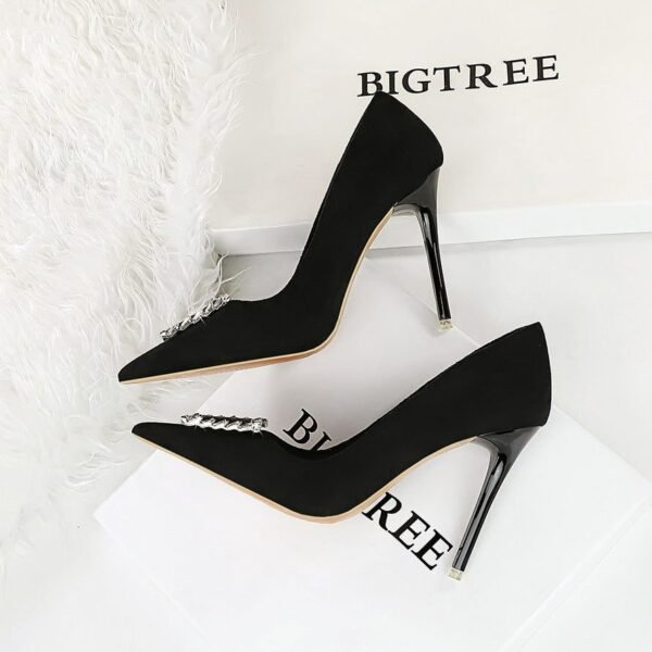 01401edd60f3d9ff94173c062fa1646b BIGTREE SHOES 9511-K73 Banquet High Heels Stiletto Heel European and American Style Women's Shoes Suede Shallow Mouth Pointed-Toe Metal Rhinestone Buckle Pumps Women