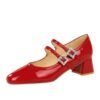 BIGTREE SHOES 1389-1 Everyday Joker Sweet Mary Jane Women's Shoes Mid Heel Patent Leather Shallow Mouth round Head Rhinestone Buckle Ankle-Strap Shoes