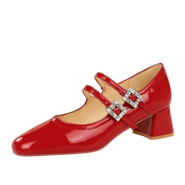BIGTREE SHOES 1389-1 Everyday Joker Sweet Mary Jane Women's Shoes Mid Heel Patent Leather Shallow Mouth round Head Rhinestone Buckle Ankle-Strap Shoes
