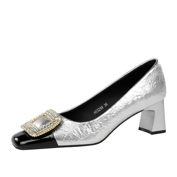 BIGTREE SHOES 5299-k32 European and American Style Banquet Women's Shoes Drill Buckle Chunky Heel Mid-Heel Low-Cut Stitching Square Toe Metal Rhinestone Buckle Pumps