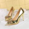 BIGTREE SHOES 9236-H56 European and American Banquet Women's Shoes Stiletto Heel Shallow Mouth Pointed Metal Feeling Rose Flower Shoes High Heel