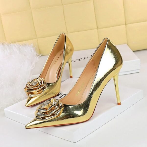 BIGTREE SHOES 9236-H56 European and American Banquet Women's Shoes Stiletto Heel Shallow Mouth Pointed Metal Feeling Rose Flower Shoes High Heel