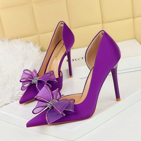 02acb43231629489813660ef6576d93a BIGTREE SHOES 626-H38 European and American Style High Heels Women's Shoes Stiletto Heel Shallow Mouth Pointed Toe Side Hollow Rhinestone Bow Pumps Wedding Shoes