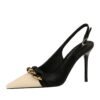 BIGTREE SHOES 373-2 Empty High Heels for Banquet Stiletto Heel Shallow Mouth Pointed-Toe Colorblock Back Strap Metal Chain Super High Heel Shoes