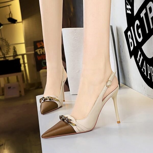 BIGTREE SHOES 373-2 Empty High Heels for Banquet Stiletto Heel Shallow Mouth Pointed-Toe Colorblock Back Strap Metal Chain Super High Heel Shoes