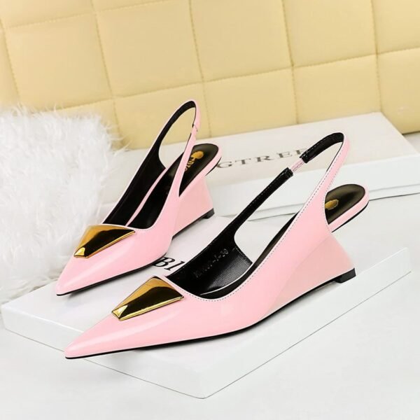 BIGTREE SHOES 1097-k55 European and American Style Women's Shoes High Heel Wedge Patent Leather Hollow-out Back Strap Shallow Mouth Pointed Metal Decorative Shoes