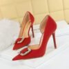 Big Tree Shoes 626-K6 European and American Style Thinner Side Hollow High Heels Women's Shoes Stiletto Heel Rhinestone Buckle Pumps
