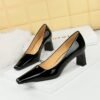 BIGTREE SHOES 6186-1 European and American Style Fashion Simple High Heel Chunky Heel Low-Cut Square Head Shiny Patent Leather Commuter's All-Matching Women's Thin Shoes