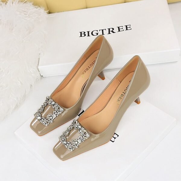 BIGTREE SHOES 6183-K19 European and American Banquet Women's Shoes Stiletto Heel Square Toe Shiny Patent Leather Metal Rhinestone Buckle Pumps High Heels