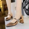 BIGTREE SHOES 5288-K86Women's Shoes Mid Heel Chunky Heel Shallow Mouth Square Toe Rhinestone Buckle Single Strap Shoes for Women
