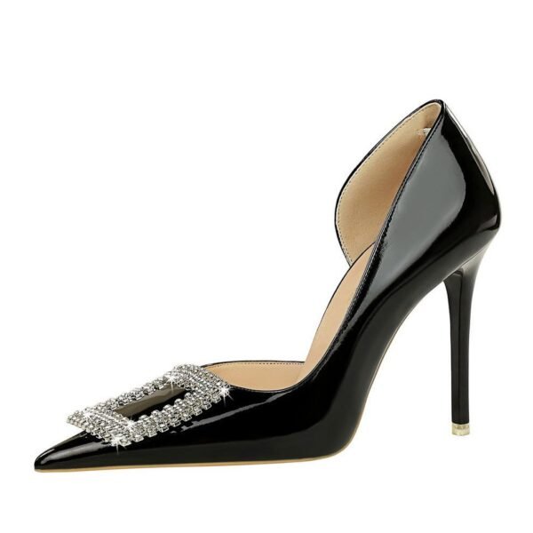 Bigtree Shoes 638-K63 Banquet High Heels Patent Leather Stilettos Shallow Mouth Pointed Side Hollow Square Metal Buckle Rhinestone Buckle Pumps