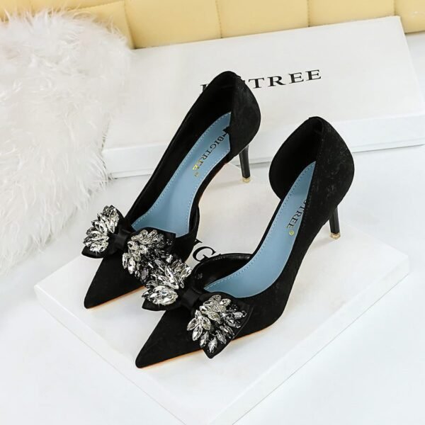 077cda048b7b1627ae86b865090ac383 BIG TREE Shoes 6168-AH3 European and American Banquet Thinner Side Hollowed Women's Shoes Shallow Mouth Pointed Toe Rhinestone Bow High Heel Pumps