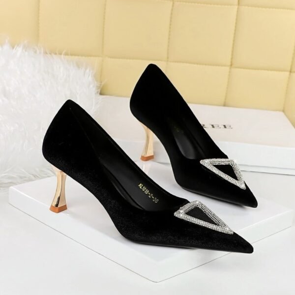 BIGTREE SHOES 1818-K36 European and American Style Banquet High Heels Thickened Suede Shallow Mouth Pointed Triangle Metal Rhinestone Buckle Shoes