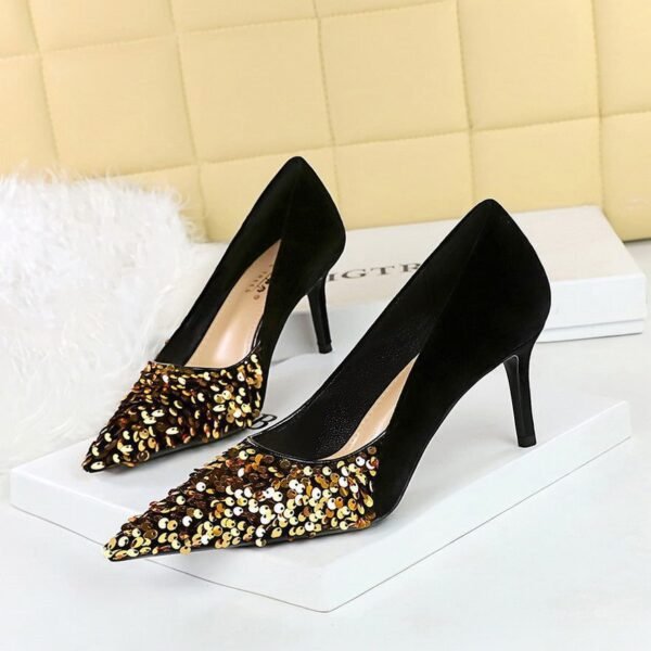 BIGTREE SHOES 7236-1 European and American Style Affordable Luxury Fashion Banquet Women's Shoes High Heels Stiletto Heel Shallow Mouth Pointed Stitching Sequin Cloth Pumps