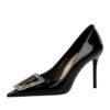 Bigtree Shoes 6122-8 K66 European and American Banquet High Heels Women's Shoes Shiny Patent Leather Shallow Mouth Pointed-Toe Metal Big Rhinestone Buckle Pumps