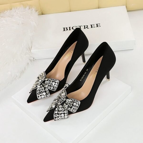 BIGTREE SHOES 18249-ah29 Korean Style Banquet High Heels Stiletto Heel Satin Shallow Mouth Pointed Toe Rhinestone Bow Women's Shoes