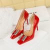 BIGTREE SHOES 3287-K70 European and American Banquet High Heels Stiletto Heel Shallow Mouth Square Toe Patent Leather Metal Rhinestone Buckle Pumps