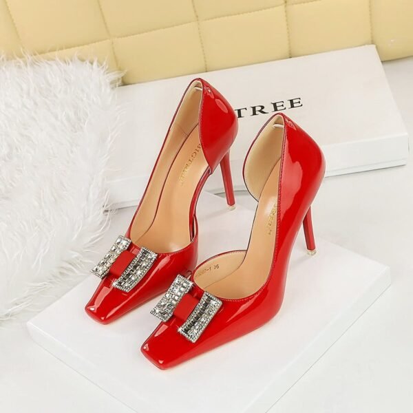 BIGTREE SHOES 3287-K70 European and American Banquet High Heels Stiletto Heel Shallow Mouth Square Toe Patent Leather Metal Rhinestone Buckle Pumps