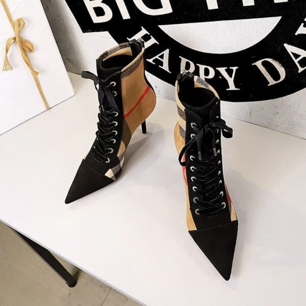 BIG TREE SHOES 8788-13 Korean Style Fashion Stiletto High Heel Pointed Toe Plaid Colorblock Suede Lace-up Trendy Cross Strap Ankle Boots