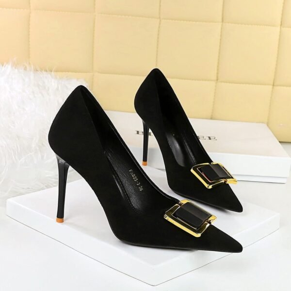 BIGTREE SHOES 825-K57 European and American Style Fashion High Heels Women's Shoes Stiletto Heel Shallow Mouth Pointed Toe Suede Metal Buckle Decoration Pumps Women's