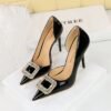 BIGTREE SHOES 638-K32 European and American Banquet High Heels Patent Leather Stilettos Shallow Mouth Pointed Toe Side Hollow out Rhinestone Buckle Super High Heel Shoes
