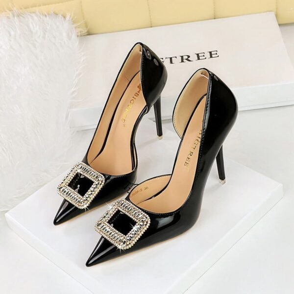 BIGTREE SHOES 638-K32 European and American Banquet High Heels Patent Leather Stilettos Shallow Mouth Pointed Toe Side Hollow out Rhinestone Buckle Super High Heel Shoes