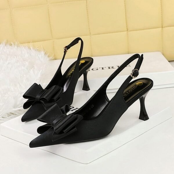 Bigtree shoes 3716-h25 fashion pedicure Korean style women's shoes satin shallow mouth pointed high heel hollow-out back strap bow single-layer shoes