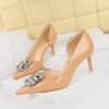 BIGTREE SHOES 638-Ak58 Korean Style Banquet Women's Shoes Stiletto Heel Shallow Mouth Pointed Patent Leather Side Hollow Square Rhinestone Buckle Pumps
