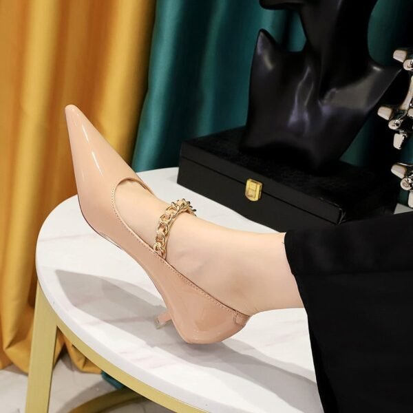 BIGTREE SHOES 237-22 European and American Style Banquet Women's Shoes Mid Heel Shiny Patent Leather Low Mouth Pointed-Toe Metal Chain Ankle-Strap Shoes Women