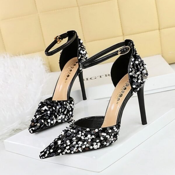 Bigtree shoes 9868-1 high heels hollow strap hollow-out women's shoes stiletto heel shallow mouth pointed toe sparkle sequins sandals