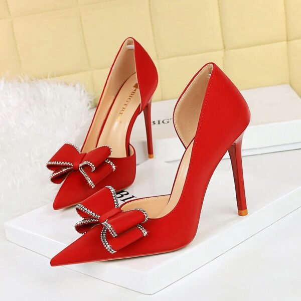 0c6ff6278709b4ebbeb5f0bef486e087 BIGTREE SHOES 626-H36 Banquet High Heels European and American Women's Shoes Stiletto Heel Shallow Mouth Side Hollow Rhinestone Bow Pumps