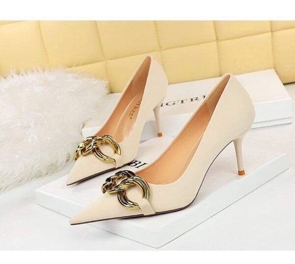 7239-A1 European and American fashion banquet women's shoes fine heel high heel shallow pointed metal buckle single shoes high heels