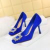 BIG TREE SHOES 7792-1 K82 European and American Banquet High Heels Women's Shoes Super High Heel Low-Cut Square Toe Suede Metal Rhinestone Buckle Pumps