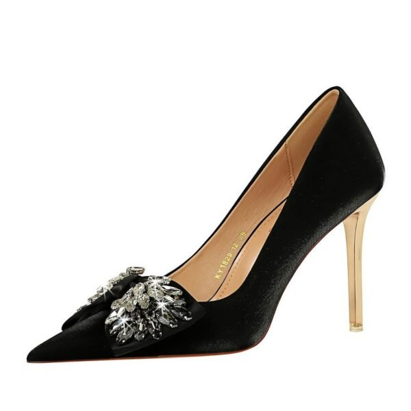 0d7c67f35958b31fa5bd8e1ea5832bab BIG TREE SHOES 1829-H3 European and American Style Banquet Light Luxury High Heels Satin Shallow Mouth Pointed Toe Rhinestone Bow Women's High Heel Shoes