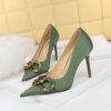 7239-A1 European and American fashion banquet women's shoes fine heel high heel shallow pointed metal buckle single shoes high heels