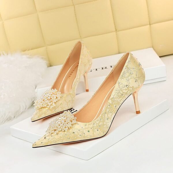 628-A2 European and American Style Banquet Women's Shoes Metal Heel Stiletto Heel Shallow Mouth Pointed Toe Rhinestone Pearl Flower Women's Shoes