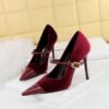 Bigtree Shoes 9116-1 Banquet High Heels Stiletto Heel Shallow Mouth Pointed Xi Shi Suede Stitching Pointed Toe Metal Buckle Ankle-Strap Shoes