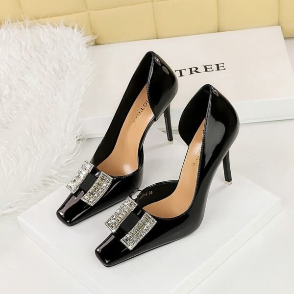 BIGTREE SHOES 3287-K70 European and American Banquet High Heels Stiletto Heel Shallow Mouth Square Toe Patent Leather Metal Rhinestone Buckle Pumps