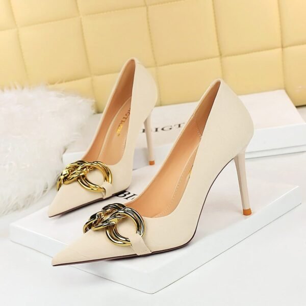 7239-1 European And American Fashion Slim Thin-heeled Super High-heeled Women's Shoes Shallow Pointed Big Metal Buckle Shoes
