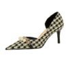 8829-A1 Korean version of high-heeled shallow-mouth pointed side hollow cloth plaid pearl metal chain houndstooth shoes