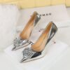 BIGTREE SHOES 9236-H56 European and American Banquet Women's Shoes Stiletto Heel Shallow Mouth Pointed Metal Feeling Rose Flower Shoes High Heel