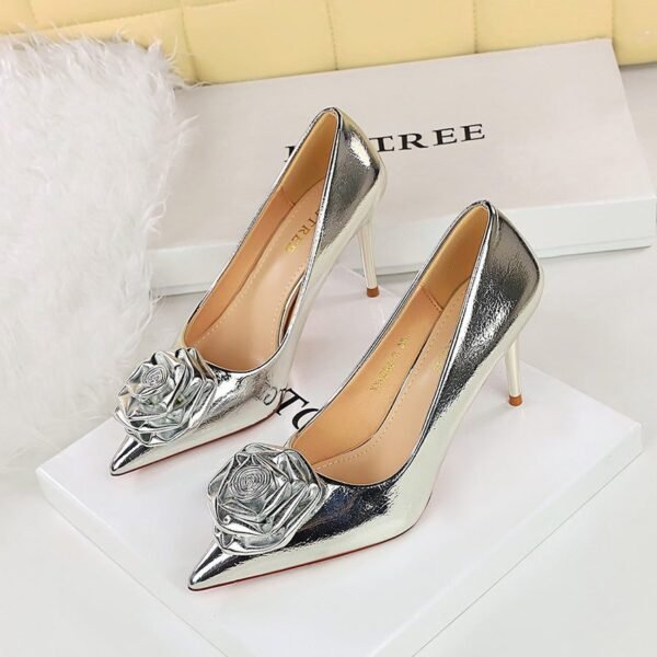 BIGTREE SHOES 9236-H56 European and American Banquet Women's Shoes Stiletto Heel Shallow Mouth Pointed Metal Feeling Rose Flower Shoes High Heel