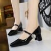BIGTREE SHOES 5288-K86Women's Shoes Mid Heel Chunky Heel Shallow Mouth Square Toe Rhinestone Buckle Single Strap Shoes for Women