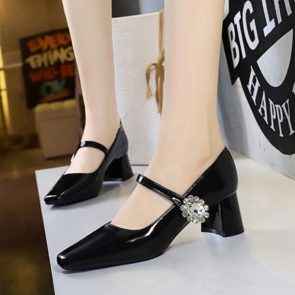 BIGTREE SHOES 5288-K86Women's Shoes Mid Heel Chunky Heel Shallow Mouth Square Toe Rhinestone Buckle Single Strap Shoes for Women