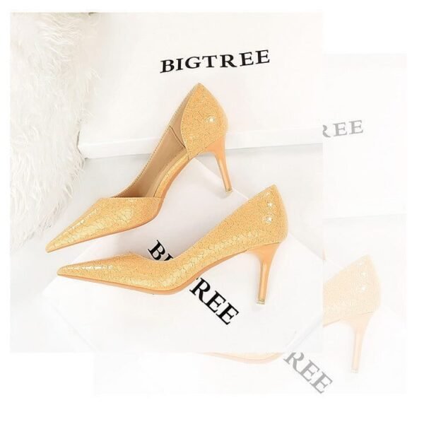 2928-2 retro European and American slim pedicure side hollow thin heel high heel shallow pointed stone pattern women's shoes